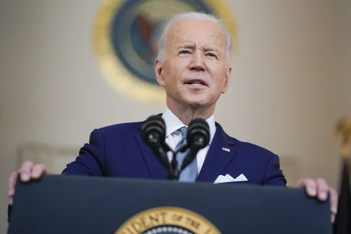 President Joe Biden speaks as he announces Judge Ketanji Brown Jackson as his nominee to the Supreme Court in the Cross Hall of the White House, Friday, Feb. 25, 2022, in Washington. (AP Photo/Carolyn Kaster)