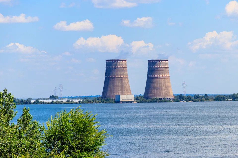 Two cooling towers of the nuclear power plant in Enerhodar, Ukraine.