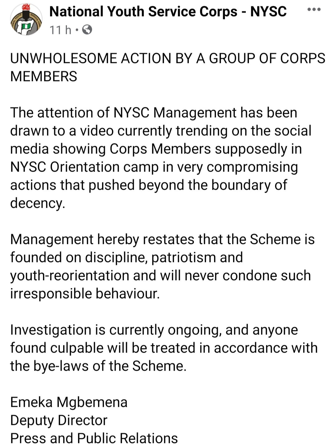 NYSC reacts after corps members were filmed engaging in erotic dance at an orientation camp (video)