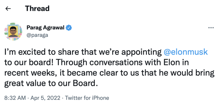 Tweet posted to Twitter account for Twitter CEO Parag Agrawal on April 5, 2022