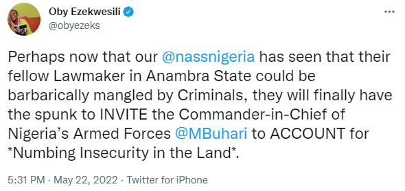 Insecurity: Oby Ezekwesili calls on NASS to invite President Buhari following the beheading of Anambra lawmaker