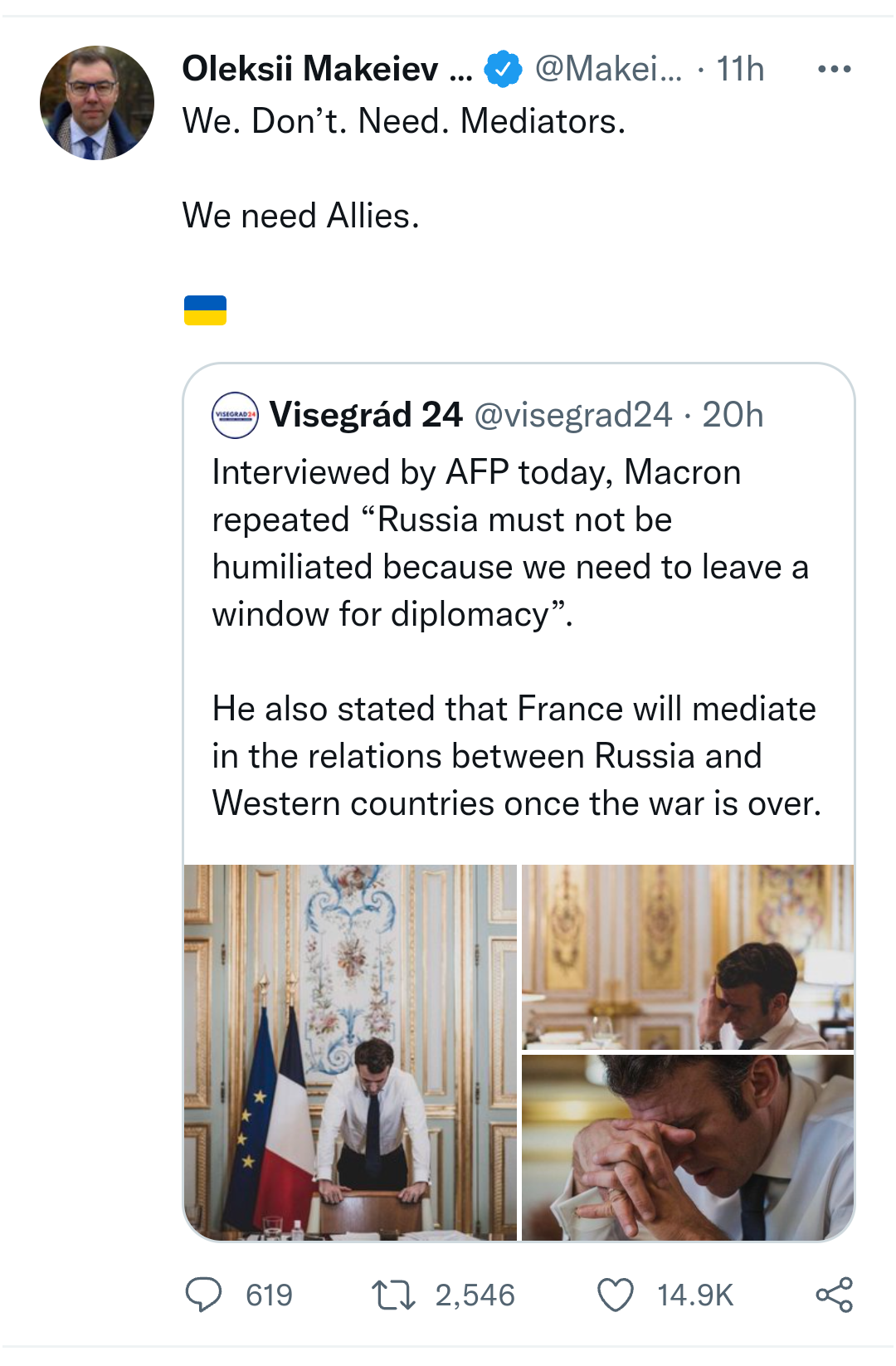 "Calls to avoid humiliation of Russia can only humiliate France" - Ukraine slams French president Macron for saying Russia should not be humiliated